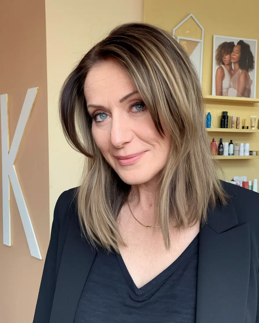 medium hairstyles women over 40 Polished Medium Cut with Subtle Highlights
