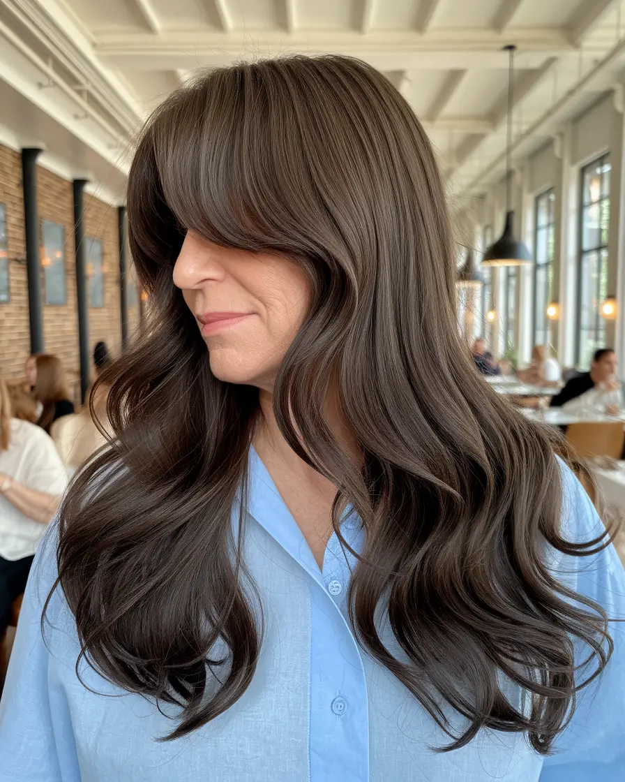 long hairstyles women over 40 Long Curtain Bangs with Loose Waves
