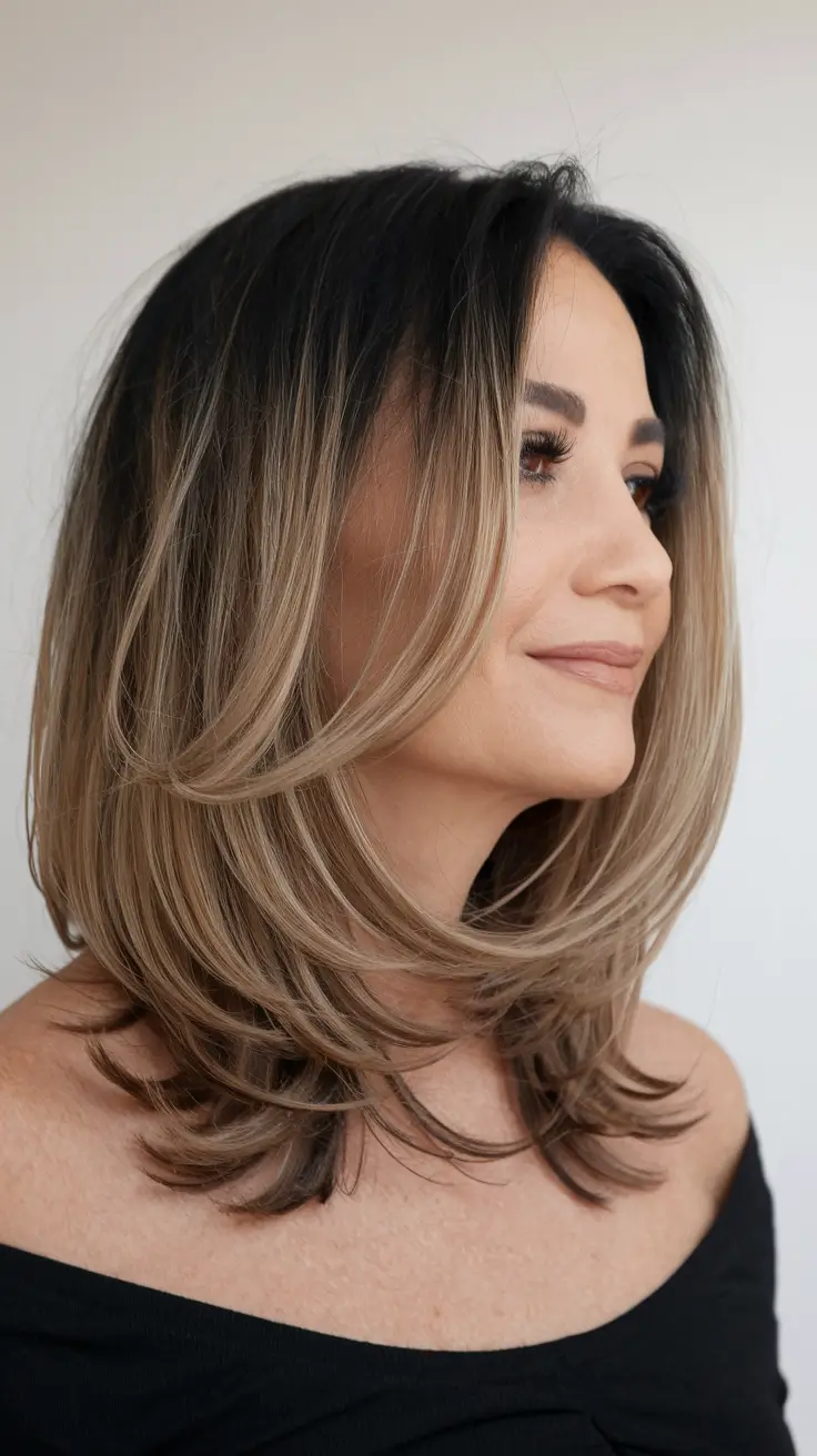 medium hairstyles women over 40 Layered Lob with Soft Balayage