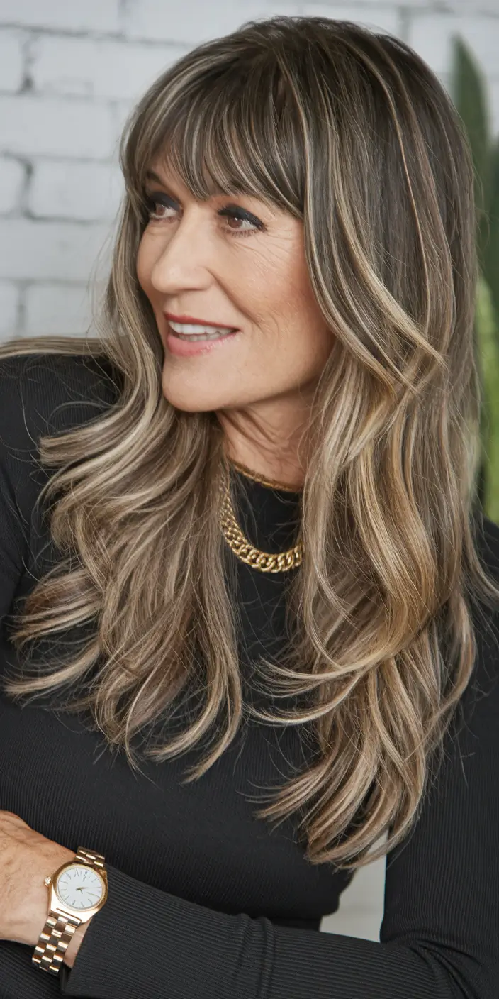hairstyles women over 40 Layered Ash Brown with Wispy Bangs