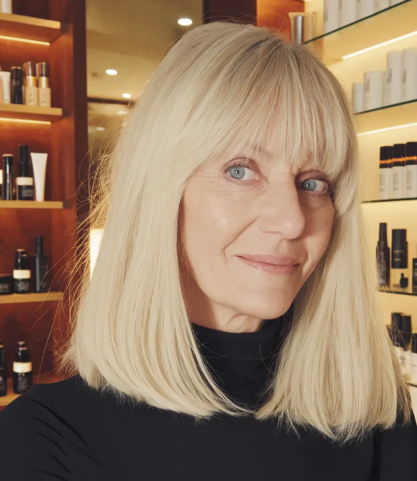 mid length hairstyles women over 40 Sleek Blonde Cut with Curtain Bangs