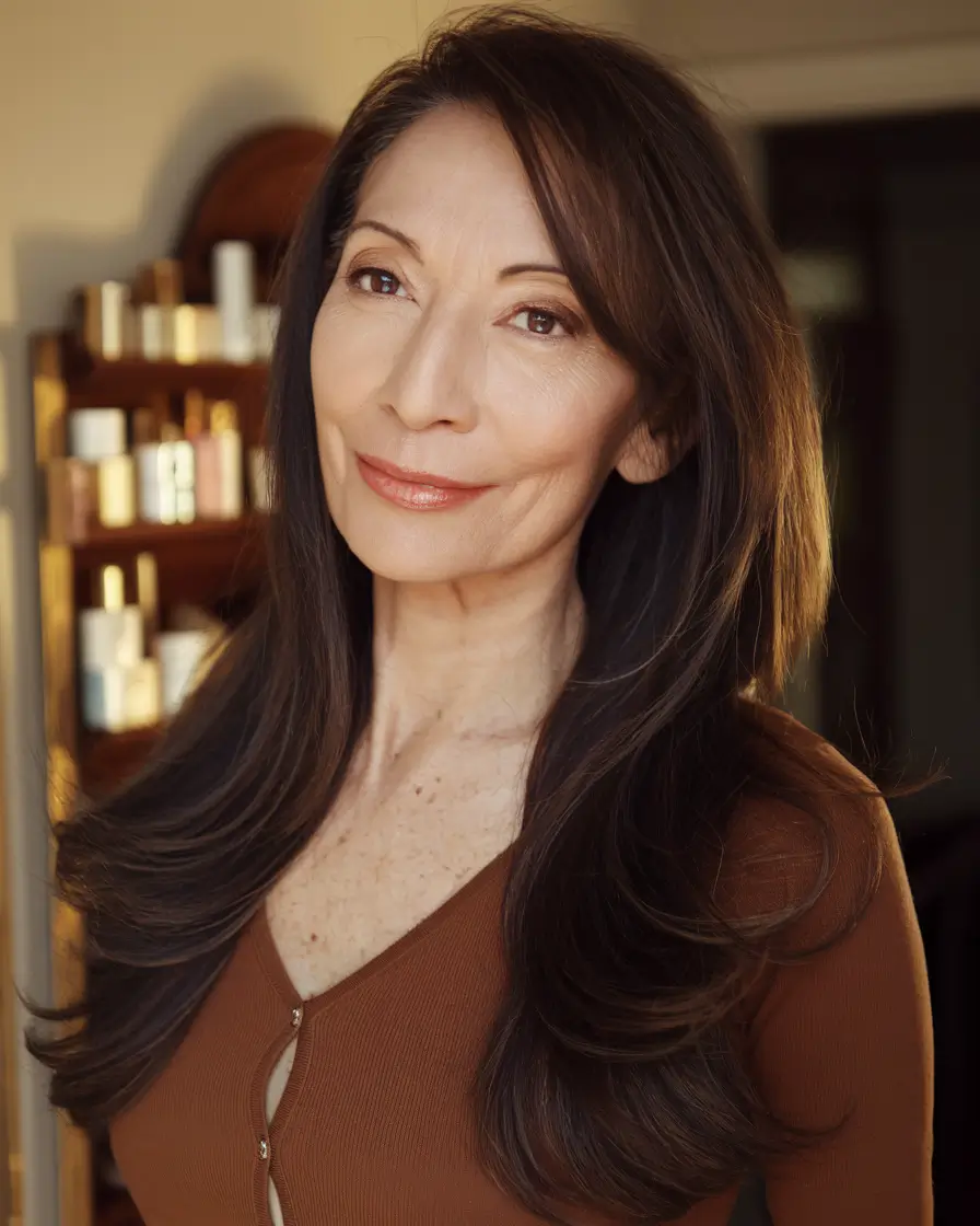 long hairstyles women over 40 Long Layered Brunette with Face Framing Volume
