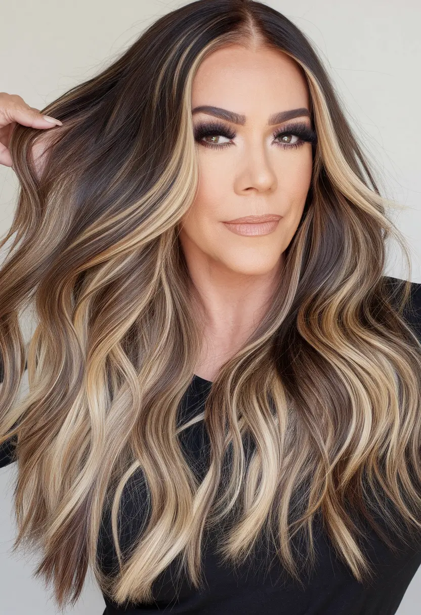 long hairstyles women over 40 Long Dimensional Waves with Face Framing Highlights