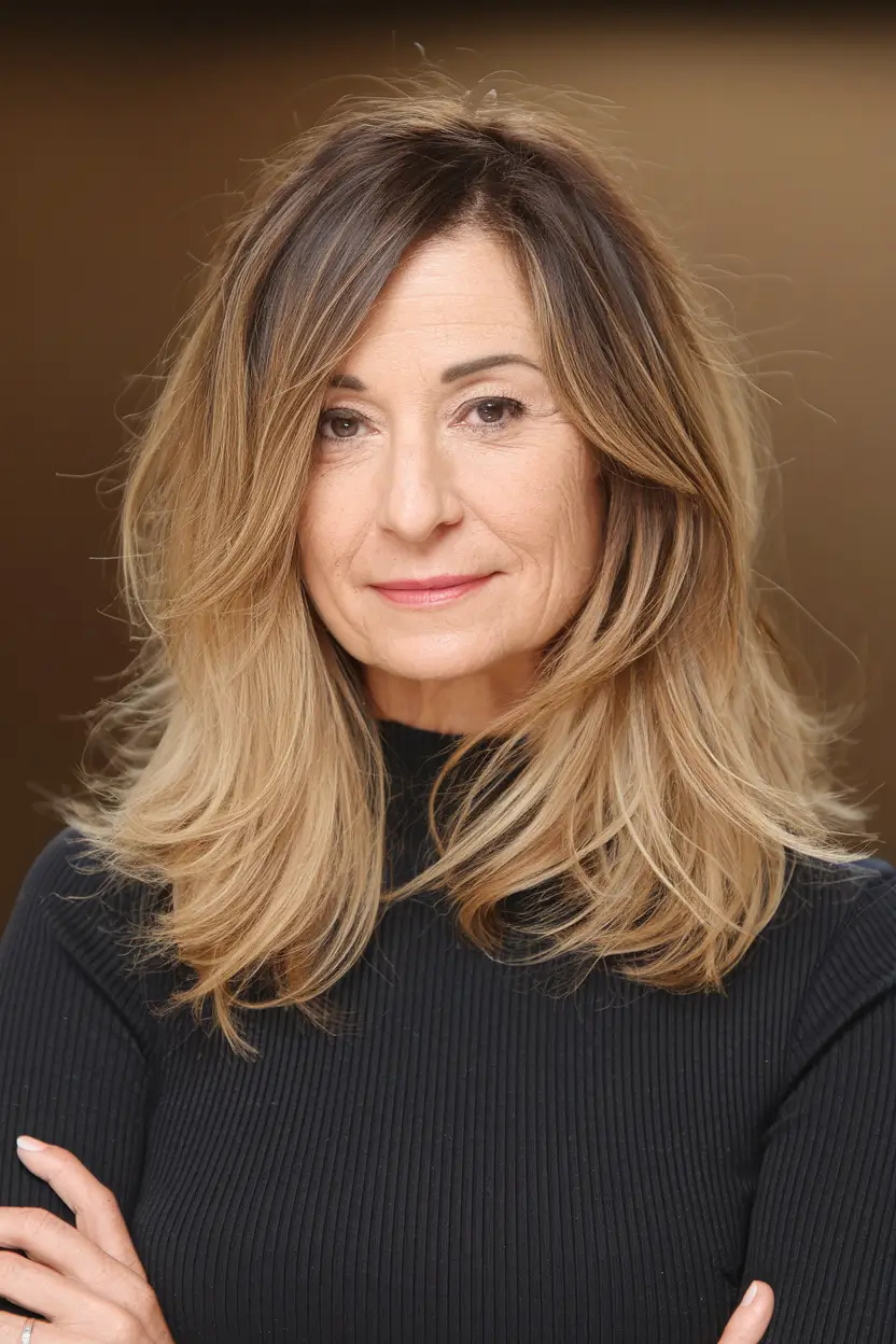 medium hairstyles women over 40 Feathered Shoulder Length Layers with Warm Balayage