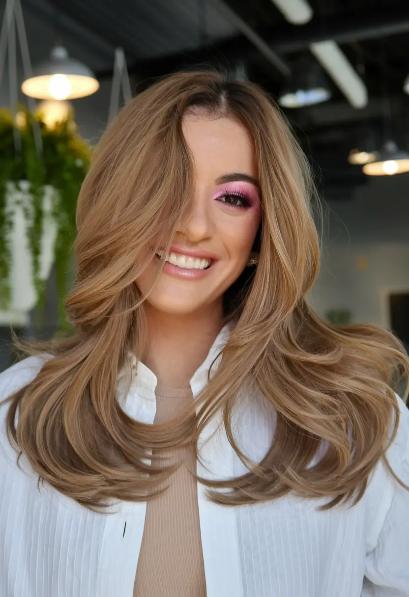 Caramel Fall Hair Colors Ideas 2025 for a Cozy Glow Golden Beige Blowout with Big Fall Volume
