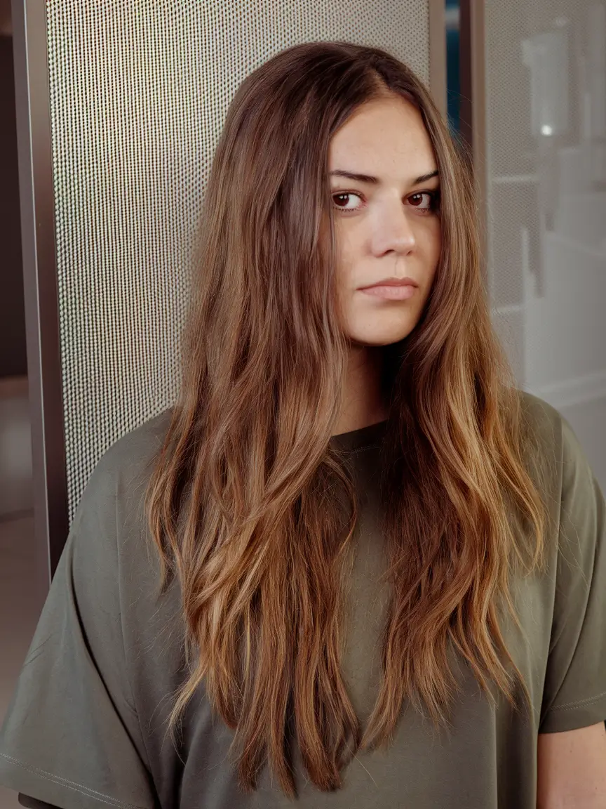 Caramel Fall Hair Colors Ideas 2025 for a Cozy Glow+Earthy Long Layers with Soft Golden Lows