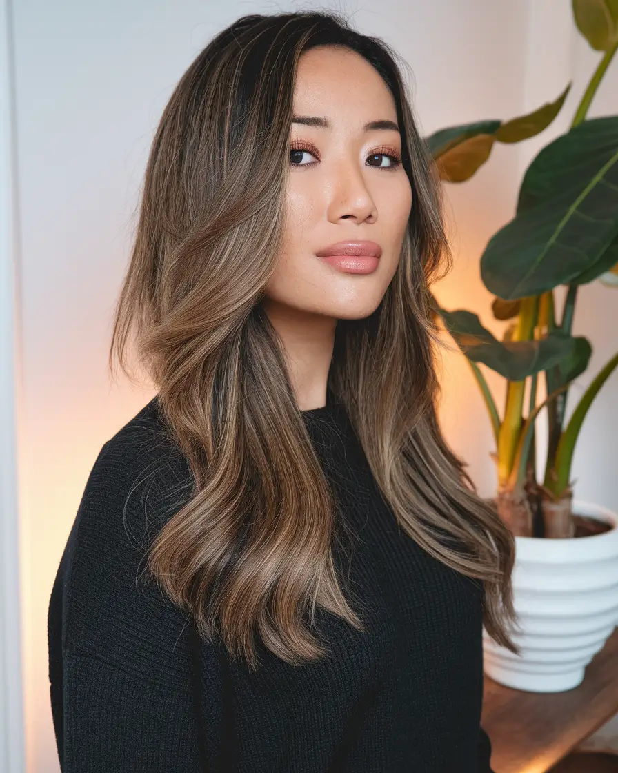 Caramel Fall Hair Colors Ideas 2025 for a Cozy Glow Neutral Balayage on Classic Mid-Length Cut