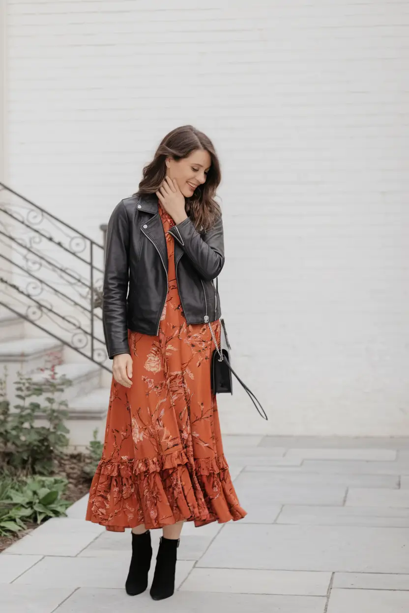 Casual September outfits Ideas 2025 Soft Florals Meet City Leather
