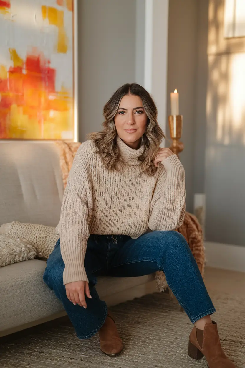 Chic Midsize outfits to Try This Fall 2025+Chunky Knit + Denim = Cozy Goals