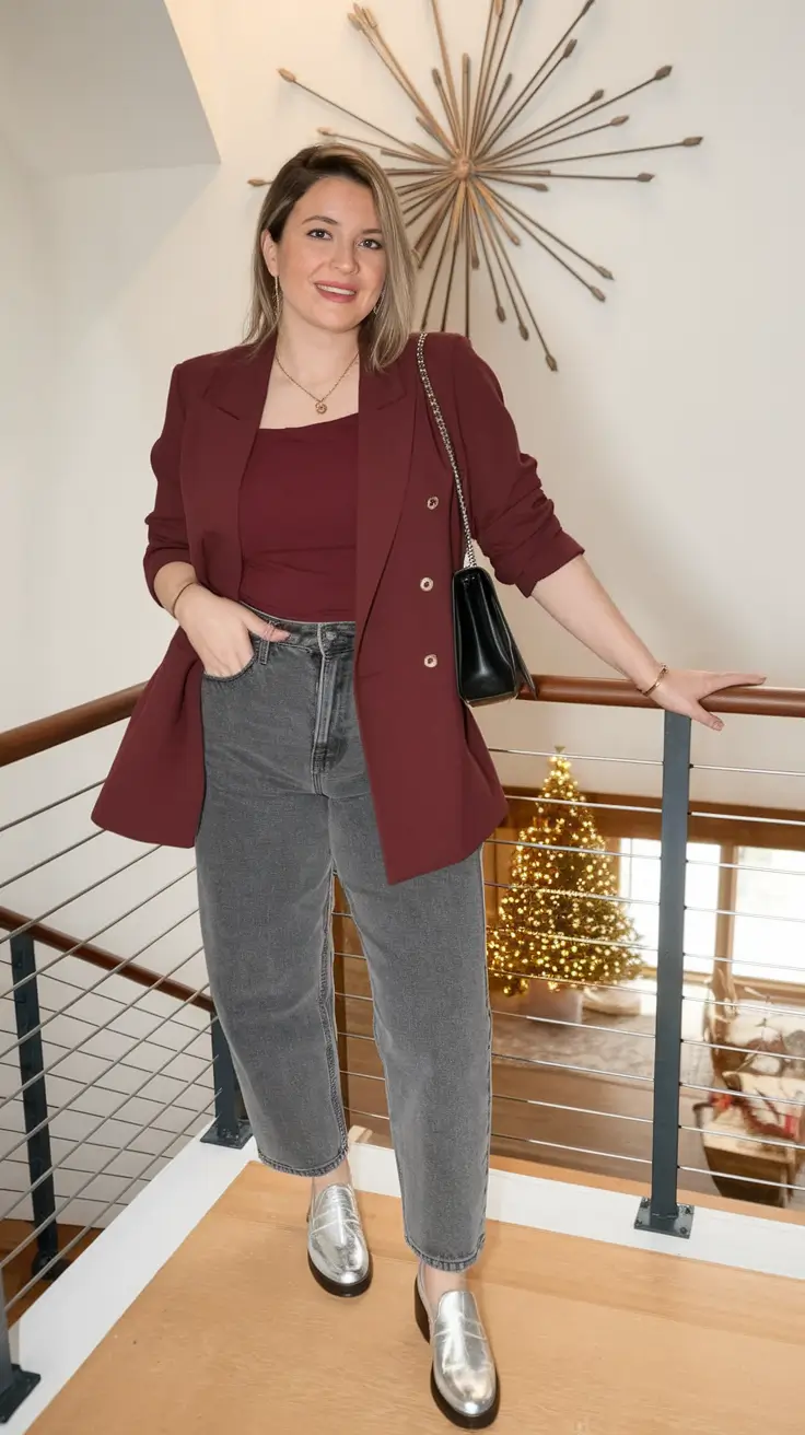Chic Midsize outfits to Try This Fall 2025+Wine-Toned Blazer Meets Silver Loafers