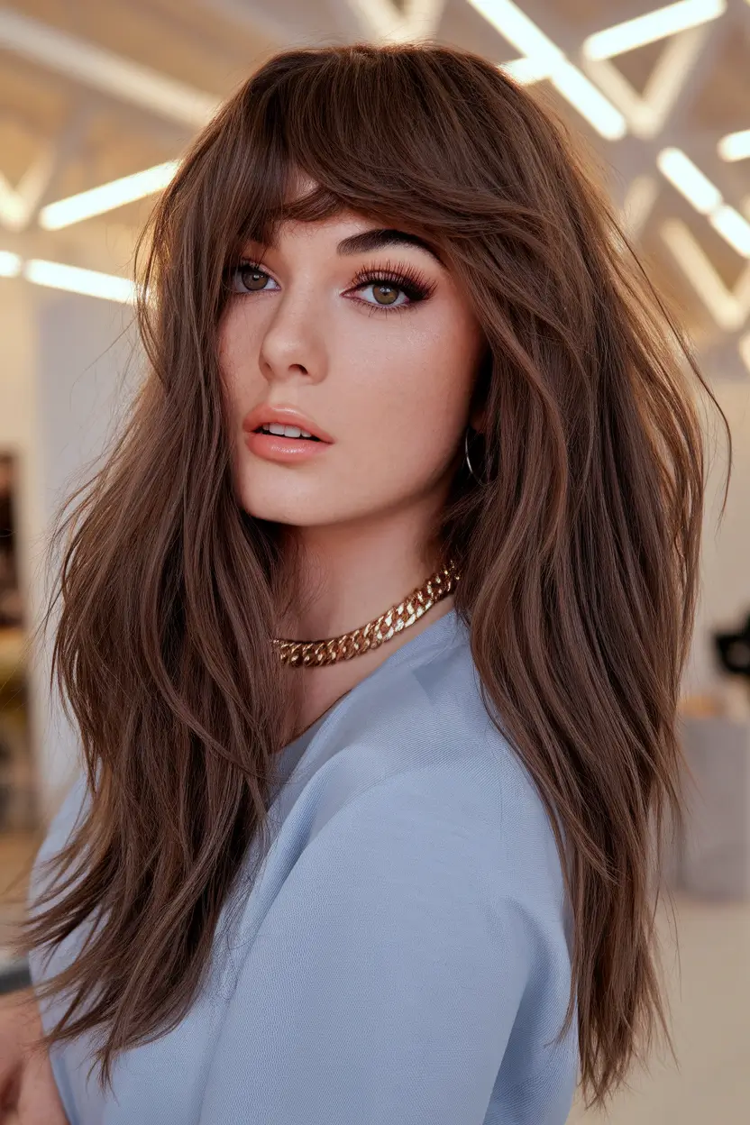 Cozy Autumn Haircuts for 2025 Long Layered Brunette With Bangs