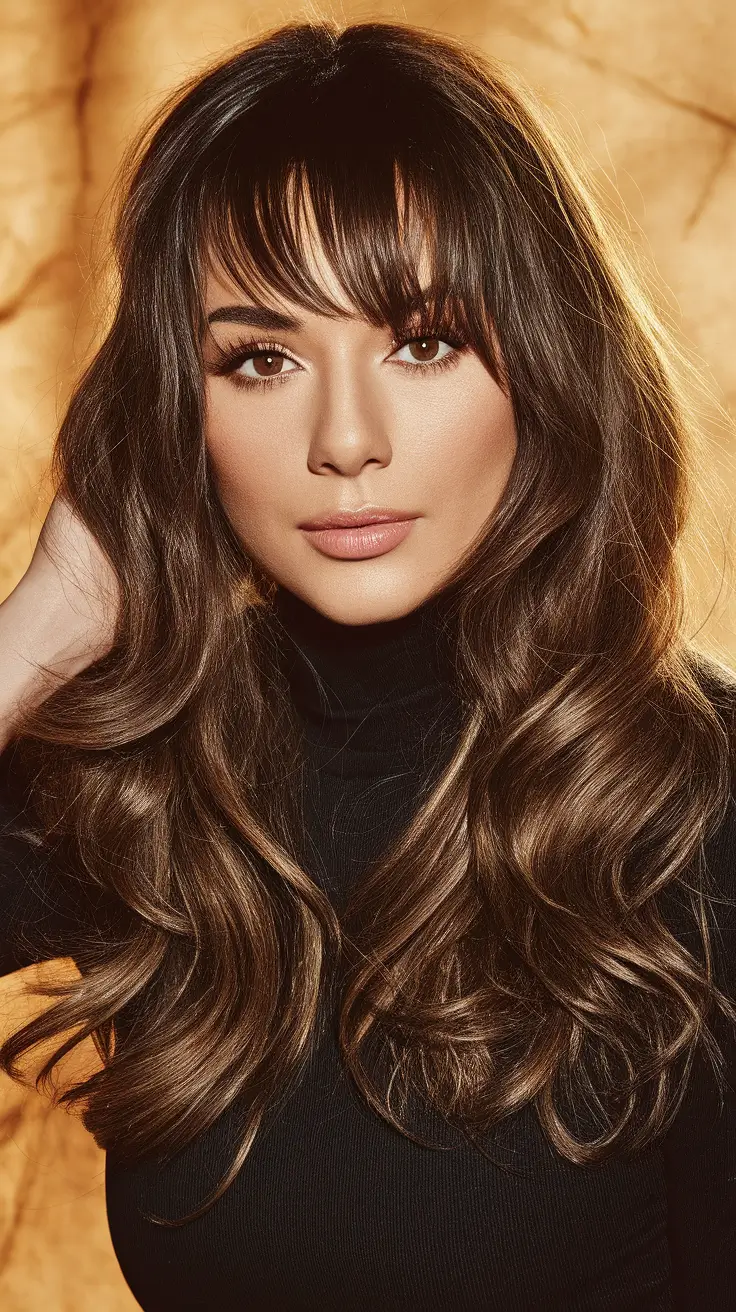 Cozy Autumn Haircuts for 2025 Long Brunette Waves With Soft Bangs