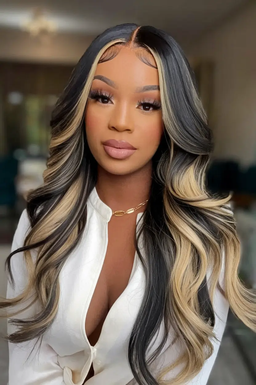 fall brown hair color with money piece Graphic Blonde Contrast on Jet Brunette Base