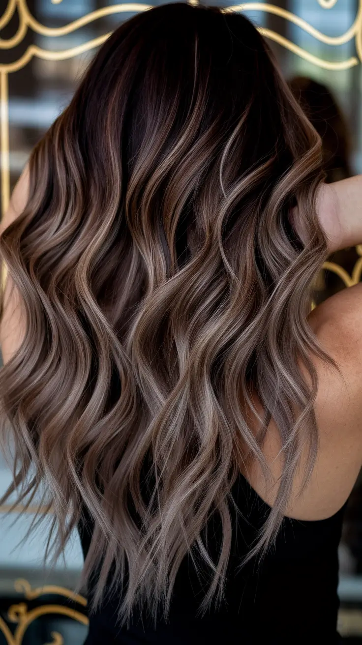 fall brown hair color brunettes Cool Brunette Balayage with Icy Dimension