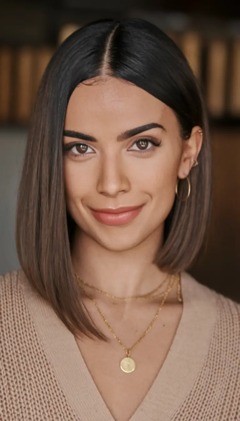 fall brown hair color brunettes short Sleek Brunette Precision Bob