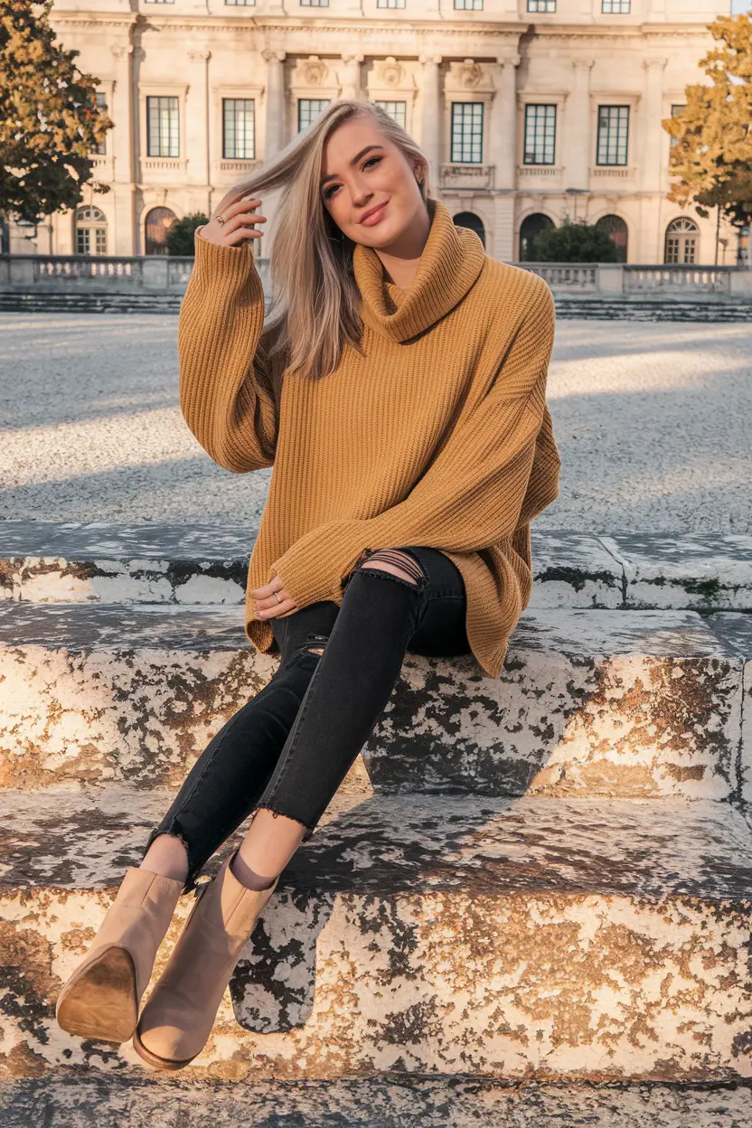 fall outfits for school comfy Chunky Mustard Knit with Black Jeans and Boots