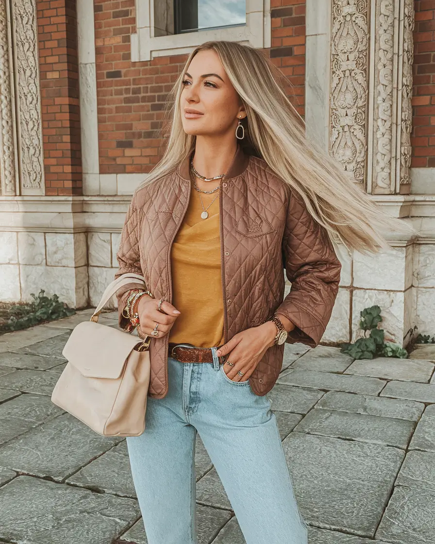 fall outfits for school comfy Quilted Jacket with Mustard Tee and Light Denim