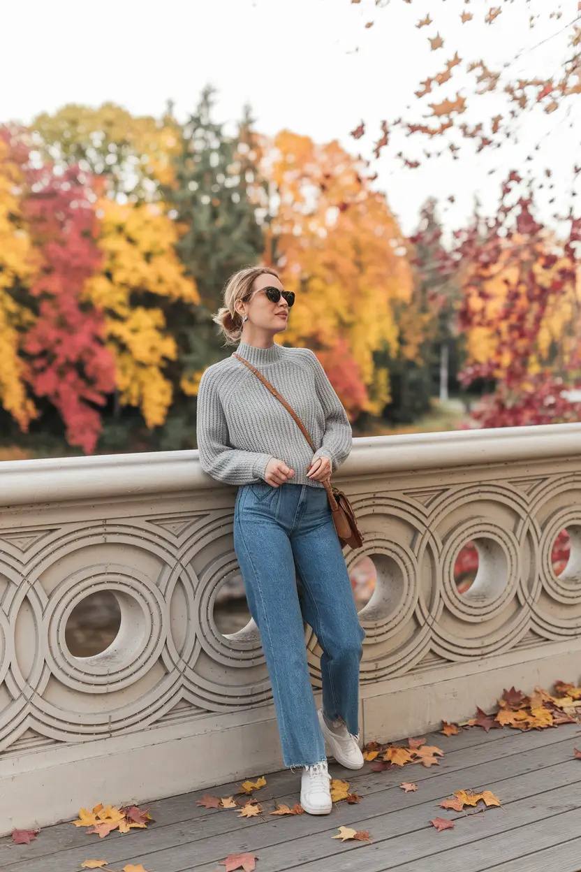 fall outfits for school for teens autumn Gray Ribbed Sweater with Classic Straight Jeans