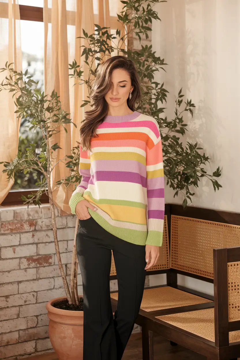 fall outfits for school teacher Rainbow Stripe Sweater with Black Trousers