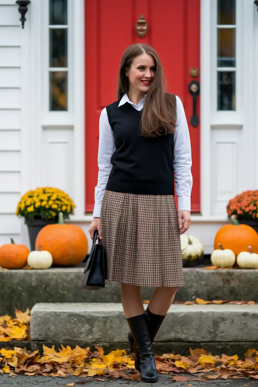 fall outfits for school pictures kids Classic Academic Sweater Vest with Plaid Midi Skirt