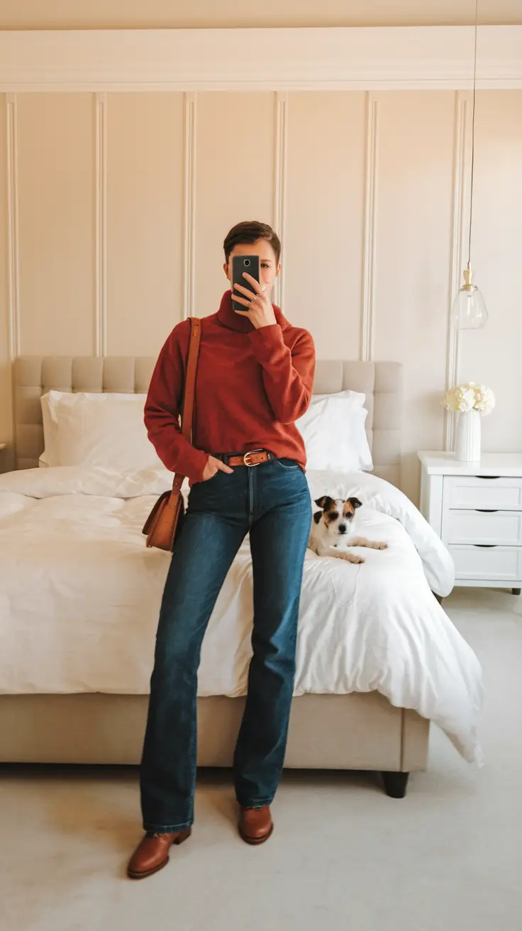 fall outfits for school teacher Rust Turtleneck Tucked into Straight-Leg Denim