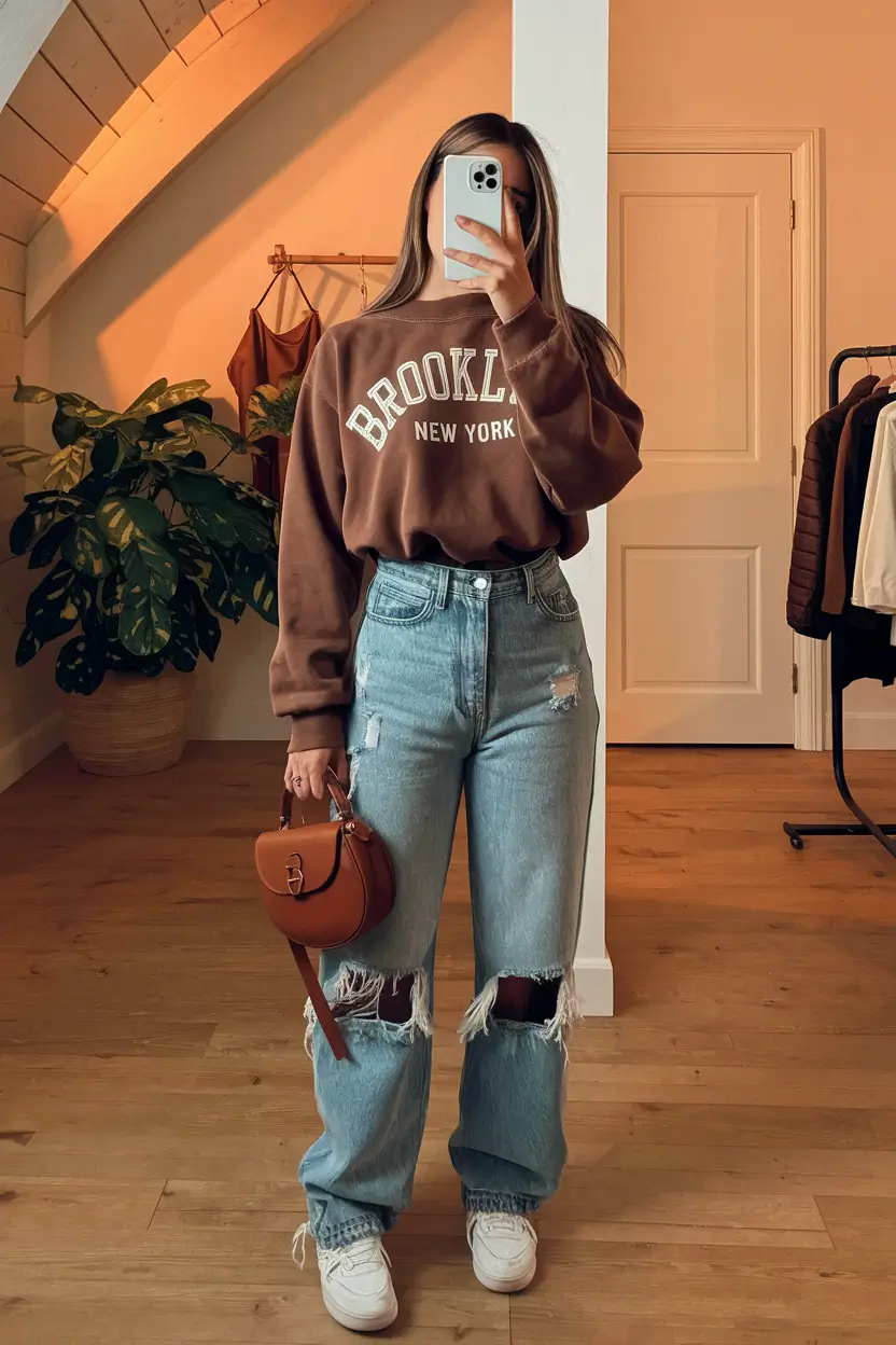 fall outfits for school sweatpants Graphic Sweatshirt and Distressed Wide-Leg Jeans