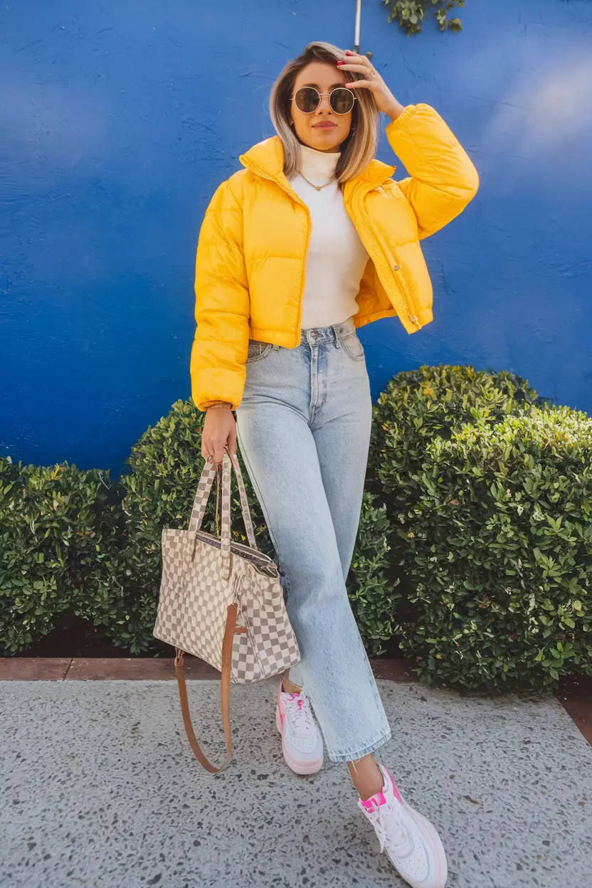 fall outfits for school for teens autumn Yellow Puffer with White Turtleneck and Straight Jeans