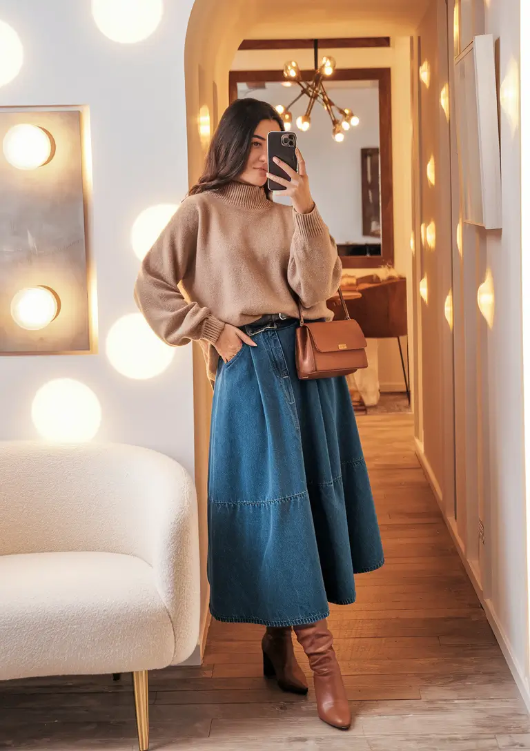 cozy fall outfits for school pictures kids Cozy Camel Sweater with Denim Midi Skirt and Boots