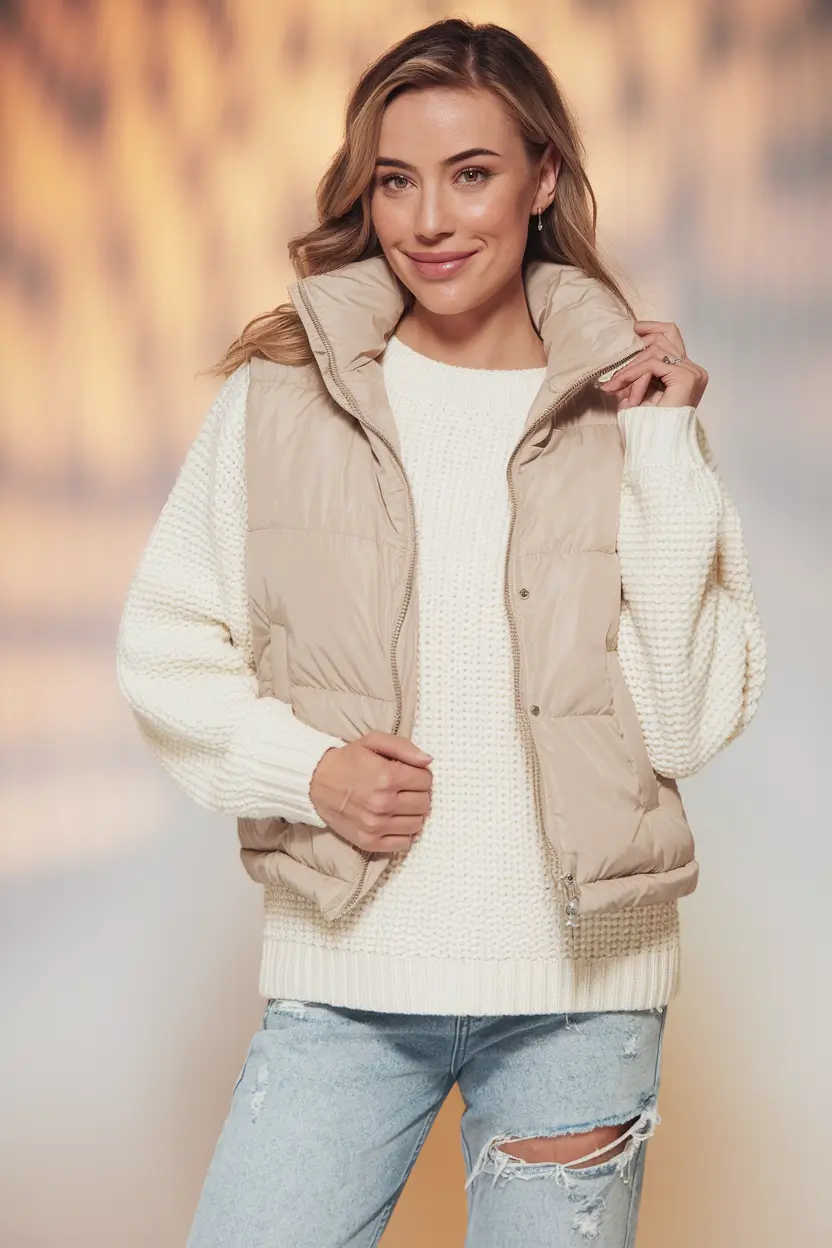 fall outfits for school comfy Cream Knit and Beige Vest with Ripped Denim