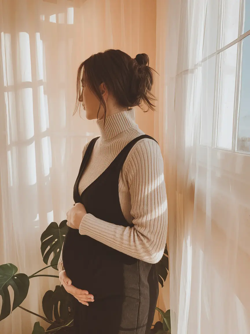 Cute Fall outfits for Pregnancy 2025 Layered Knit Pinafore Charm