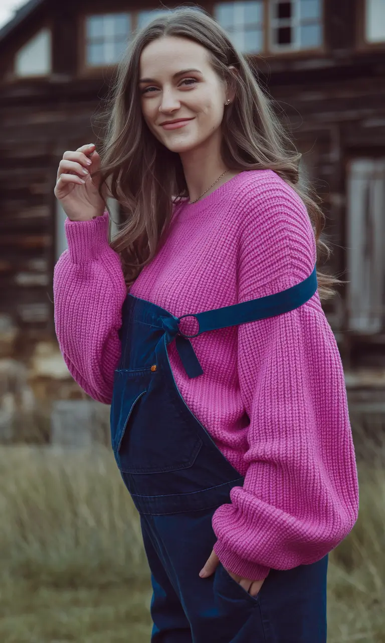 Cute Fall outfits for Pregnancy 2025 Color Pop Overalls with Cozy Knits