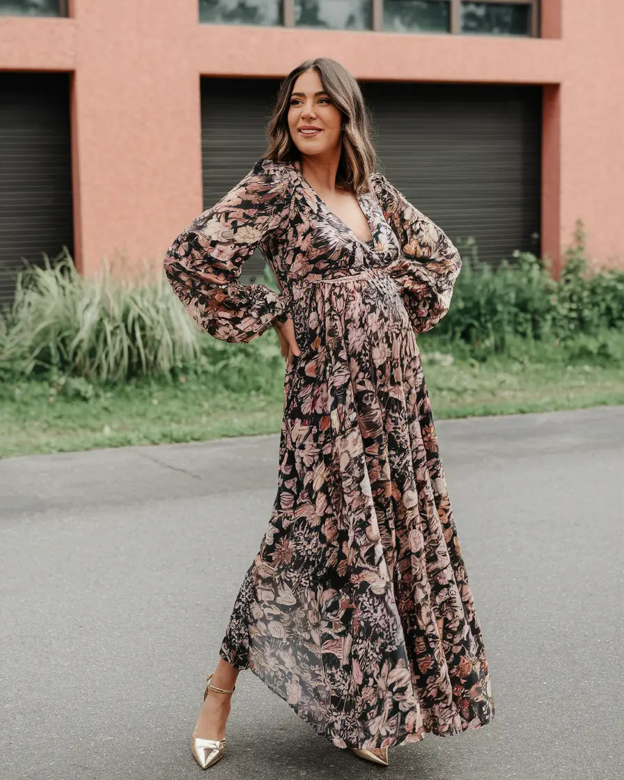 Cute Fall outfits for Pregnancy 2025 Flowy Florals for Golden Hour Walks
