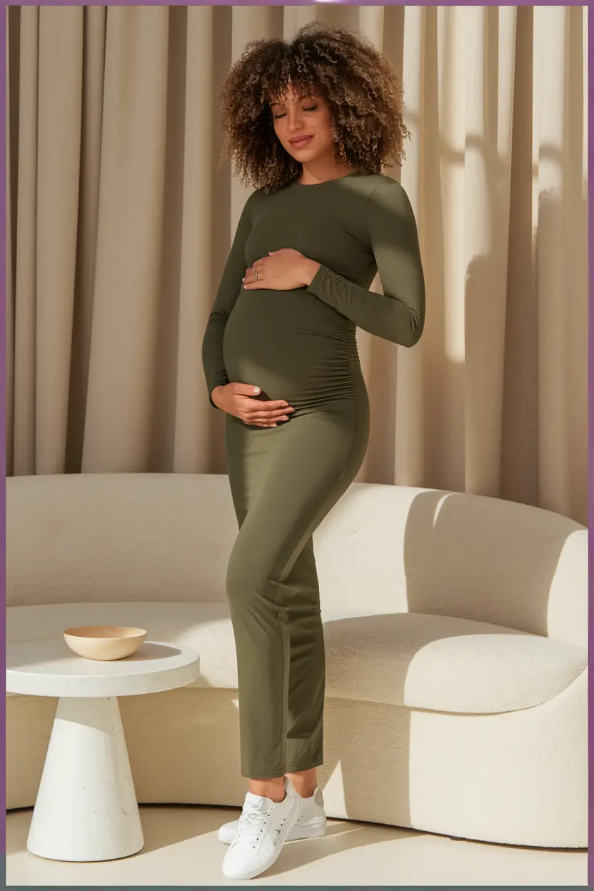 Cute Fall outfits for Pregnancy 2025 Sleek Olive One-and-Done