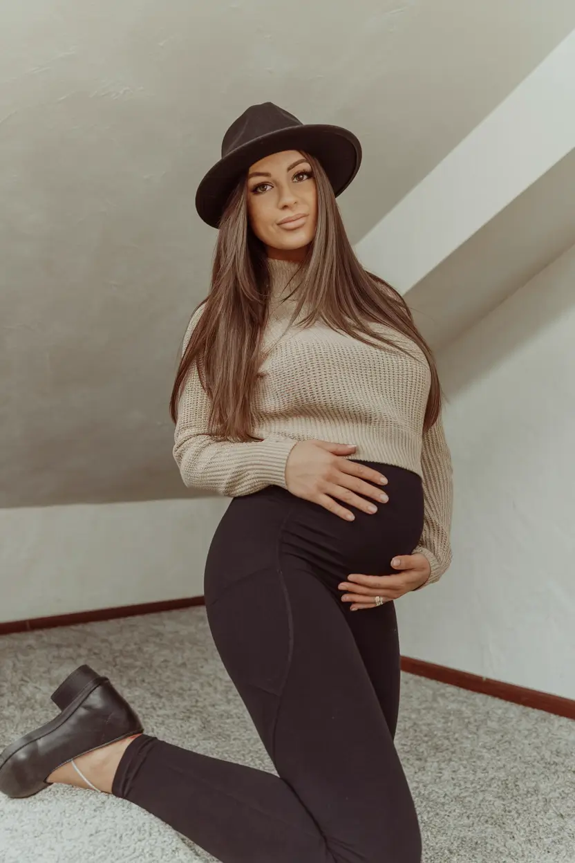 Cute Fall outfits for Pregnancy 2025 Cozy Crop & Fedora Vibes
