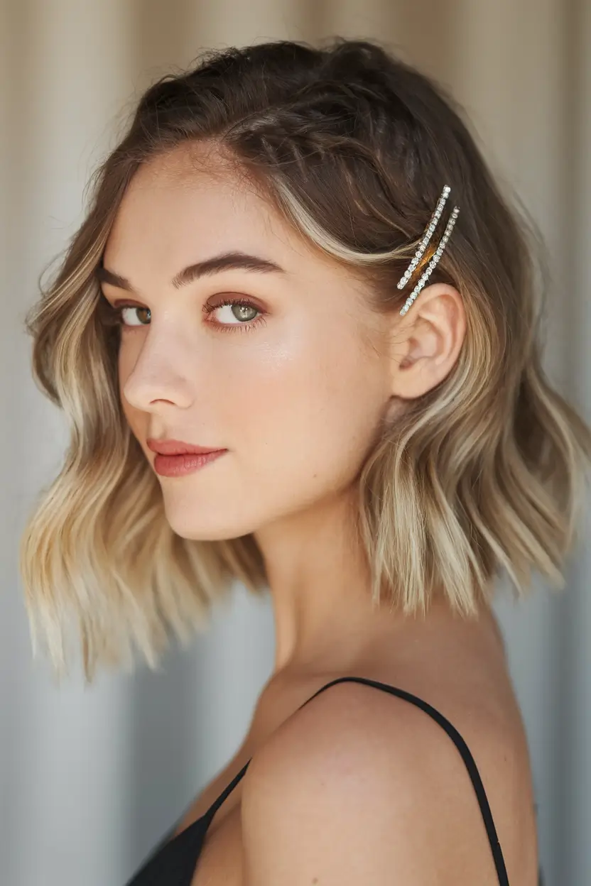 Easy Short Fall Hairstyles 2025 Golden Blonde Bob with Braided Detail and Sparkle Pins