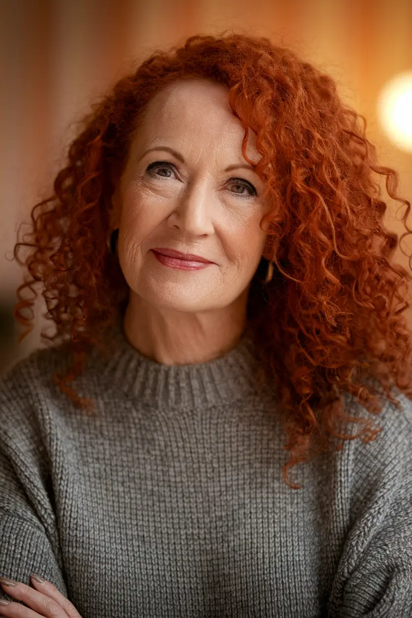 Elegant Fall 2025 Haircut Inspiration for Women Over 60 Long Fiery Curls with Autumn Warmth