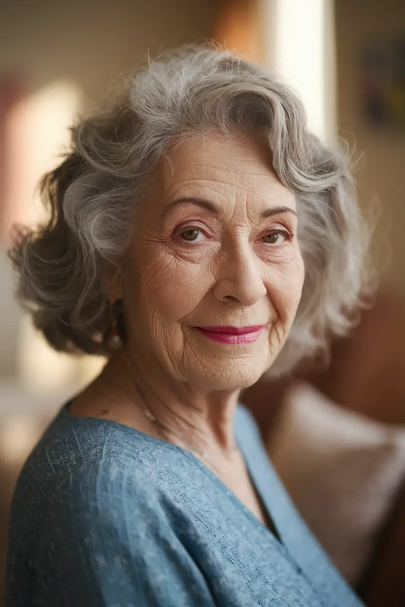 Elegant Fall 2025 Haircut Inspiration for Women Over 60 Soft Grey Curls with Romantic Flair