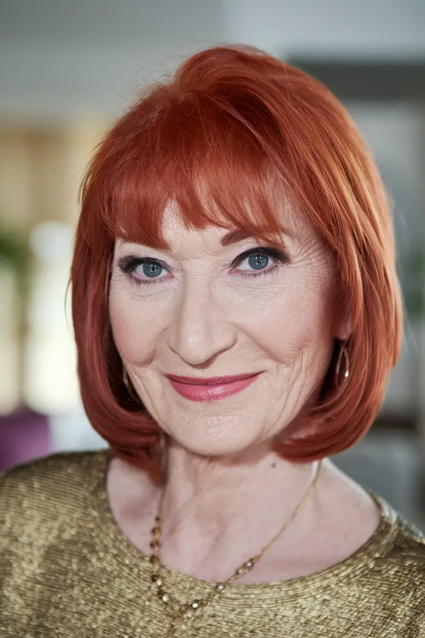 Elegant Fall 2025 Haircut Inspiration for Women Over 60 - Vibrant Red Bob with Blunt Bangs