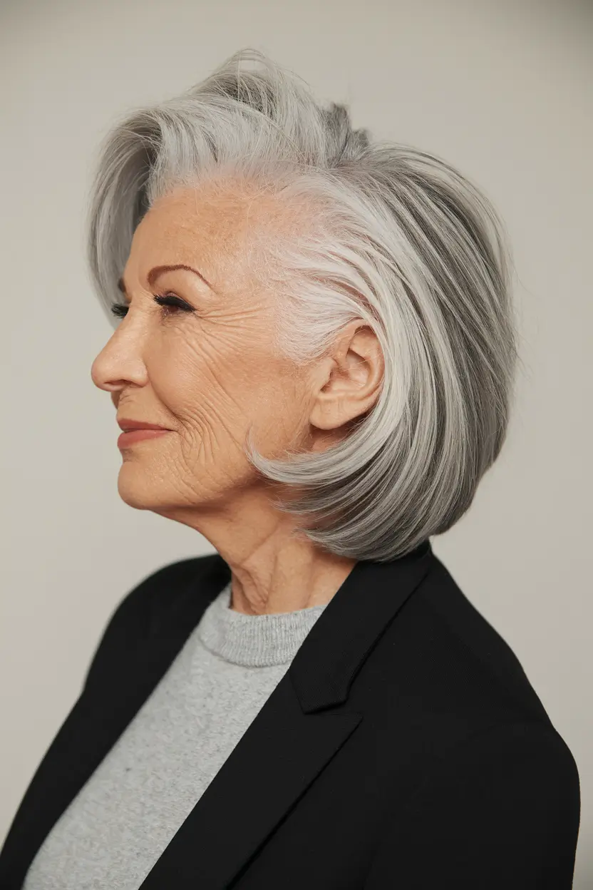 Elegant Fall 2025 Haircut Inspiration for Women Over 60 Sleek Side-Parted Grey Bob
