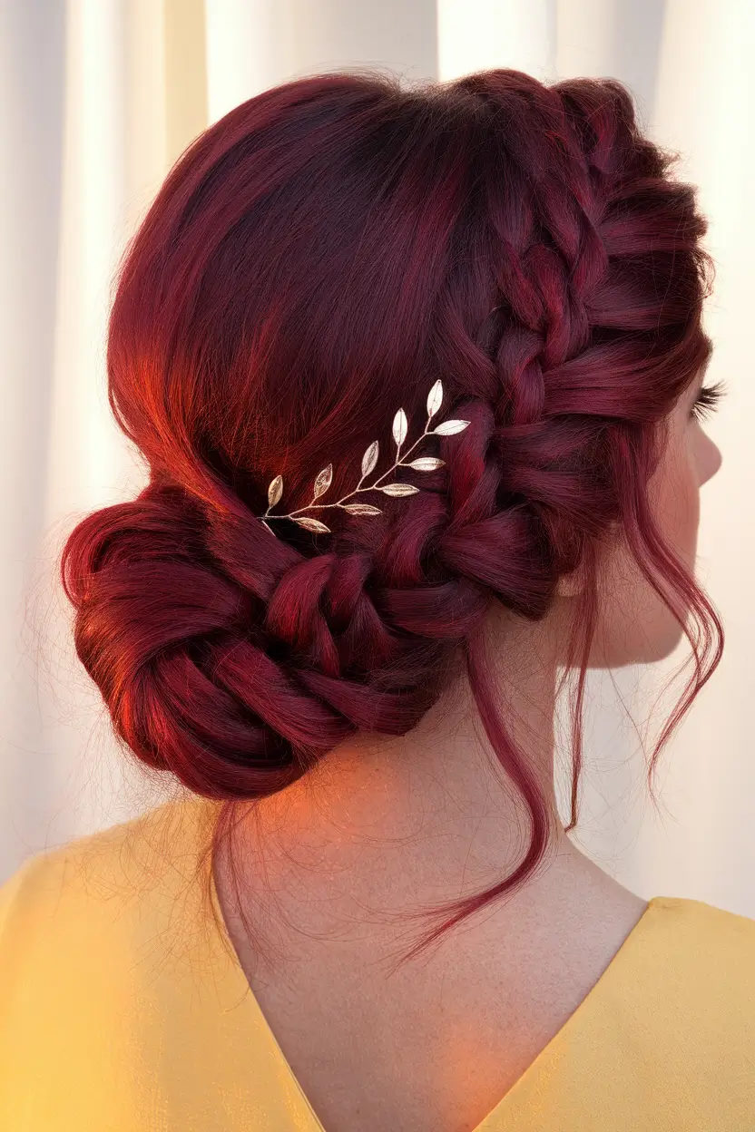 Elegant Updos & Braids for Fall Weddings 2025 - Romantic Braided Chignon with Golden Laurel Pin