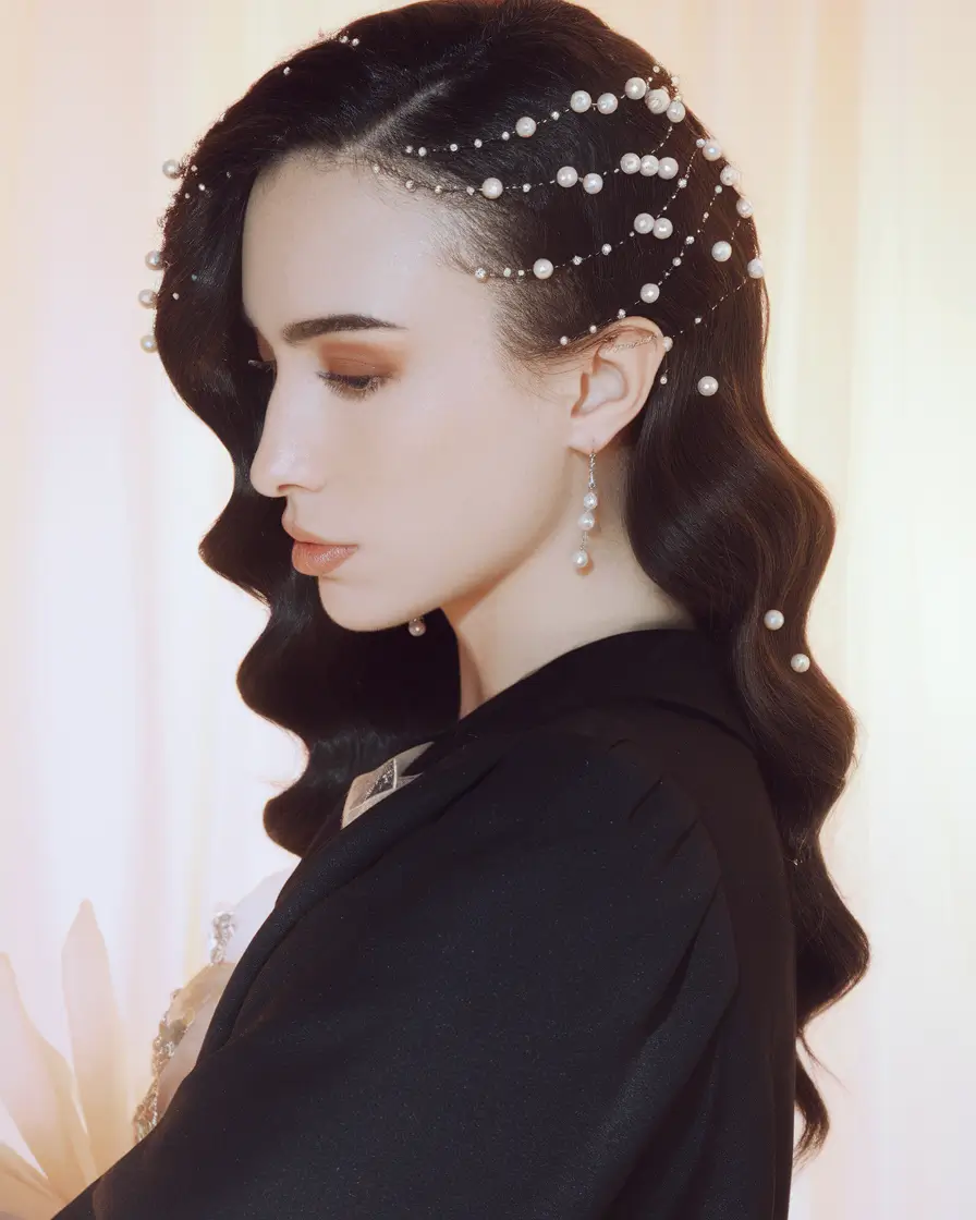 Elegant Updos & Braids for Fall Weddings 2025 - Pearl Draped Waves for High-Fashion Brides
