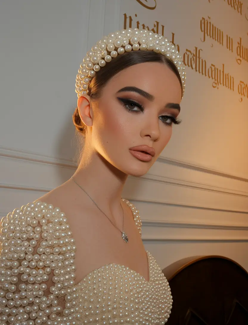 Elegant Updos & Braids for Fall Weddings 2025 Pearl-Encrusted Crown & Sleek Chignon