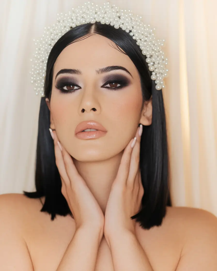 Elegant Updos & Braids for Fall Weddings 2025 Sleek Middle Part with a Statement Pearl Headband