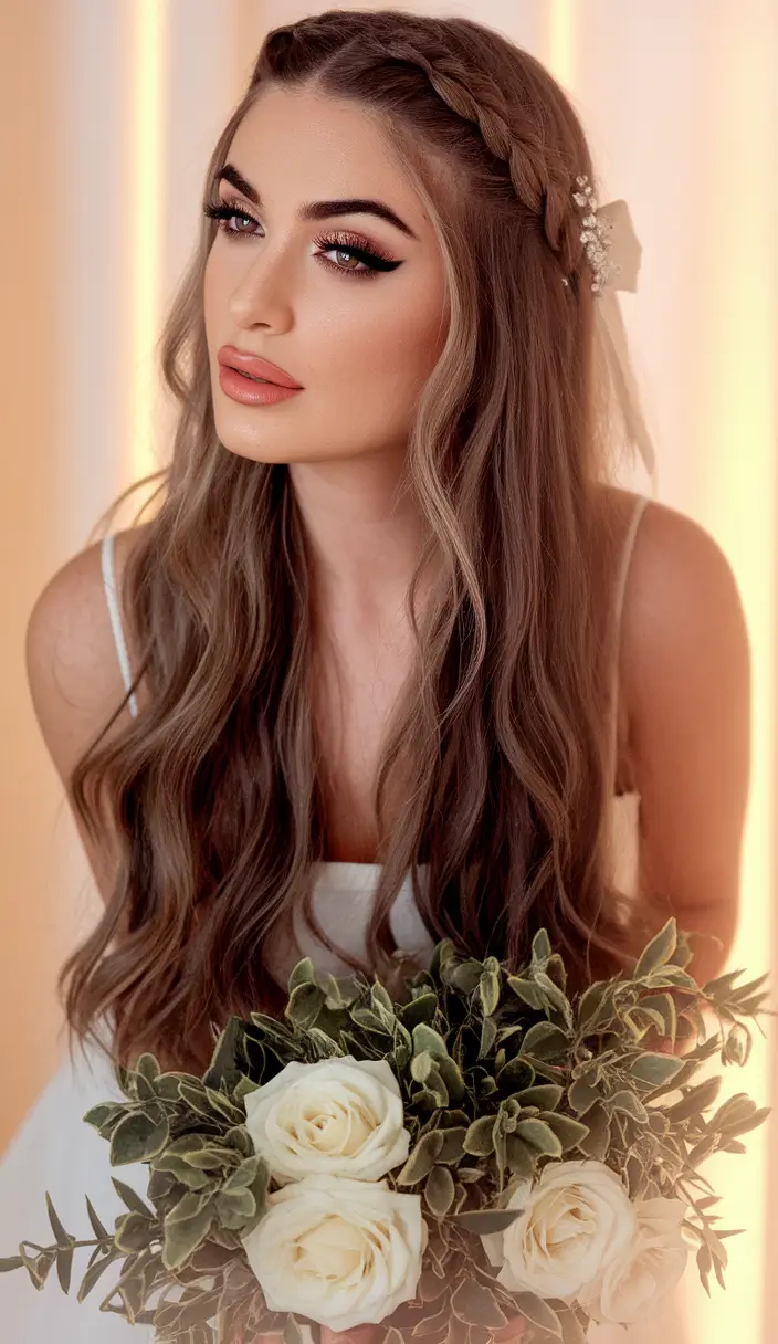 Elegant Updos & Braids for Fall Weddings 2025 Textured Waves with Braided Accent and Florals