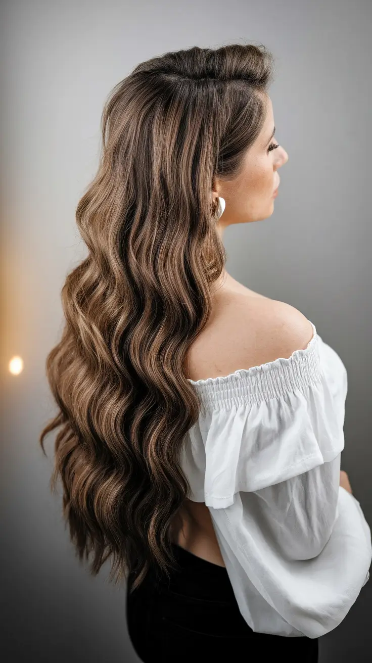 Elegant Updos & Braids for Fall Weddings 2025 - Glamorous Soft Waves for Long-Haired Guests