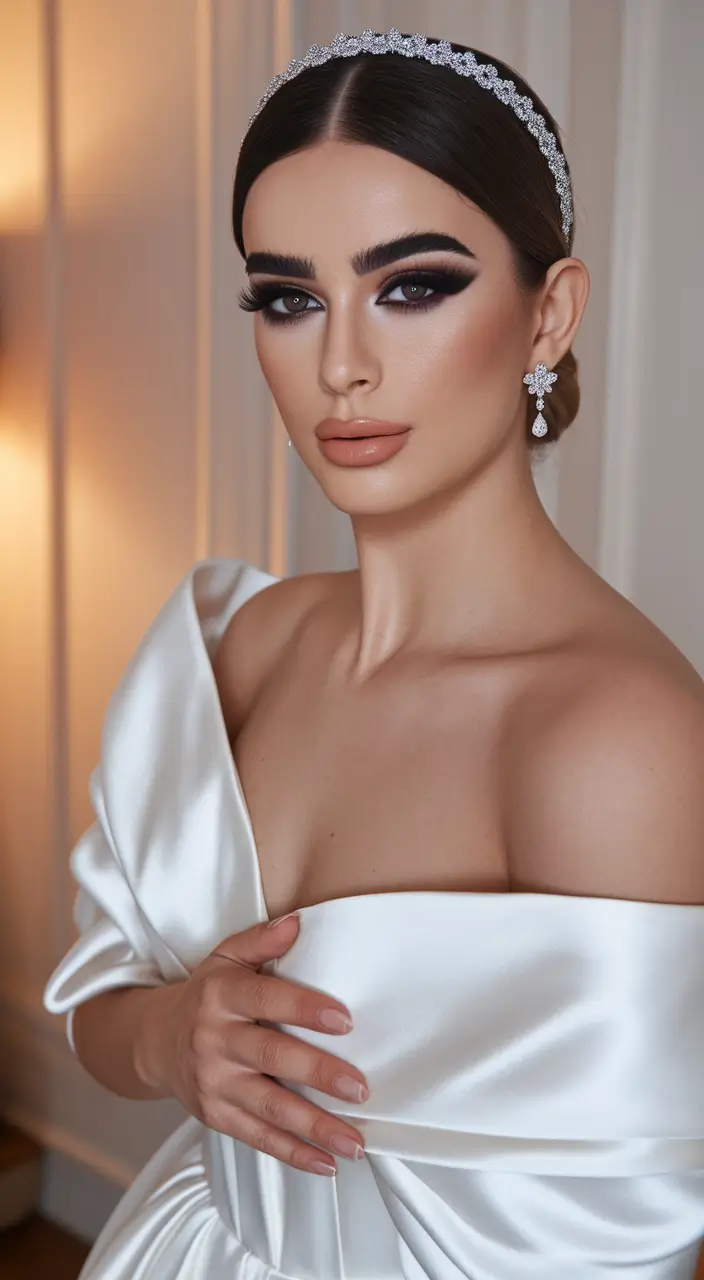 Elegant Updos & Braids for Fall Weddings 2025 - Chic Low Bun with Rhinestone Headband