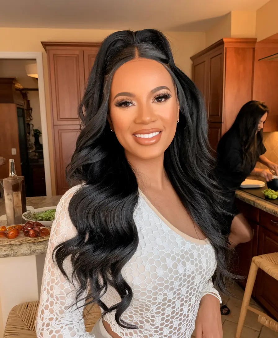 Elegant Updos & Braids for Fall Weddings 2025 - Glossy Half-Up Glam for Long-Haired Bridesmaids