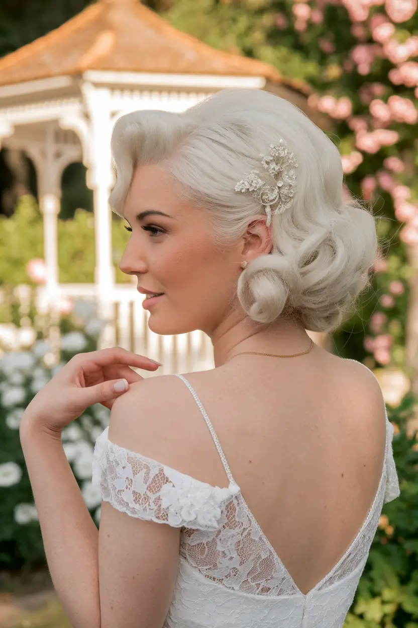 Elegant Updos & Braids for Fall Weddings 2025 - Vintage-Inspired Bridal Roll with Embellished Pin