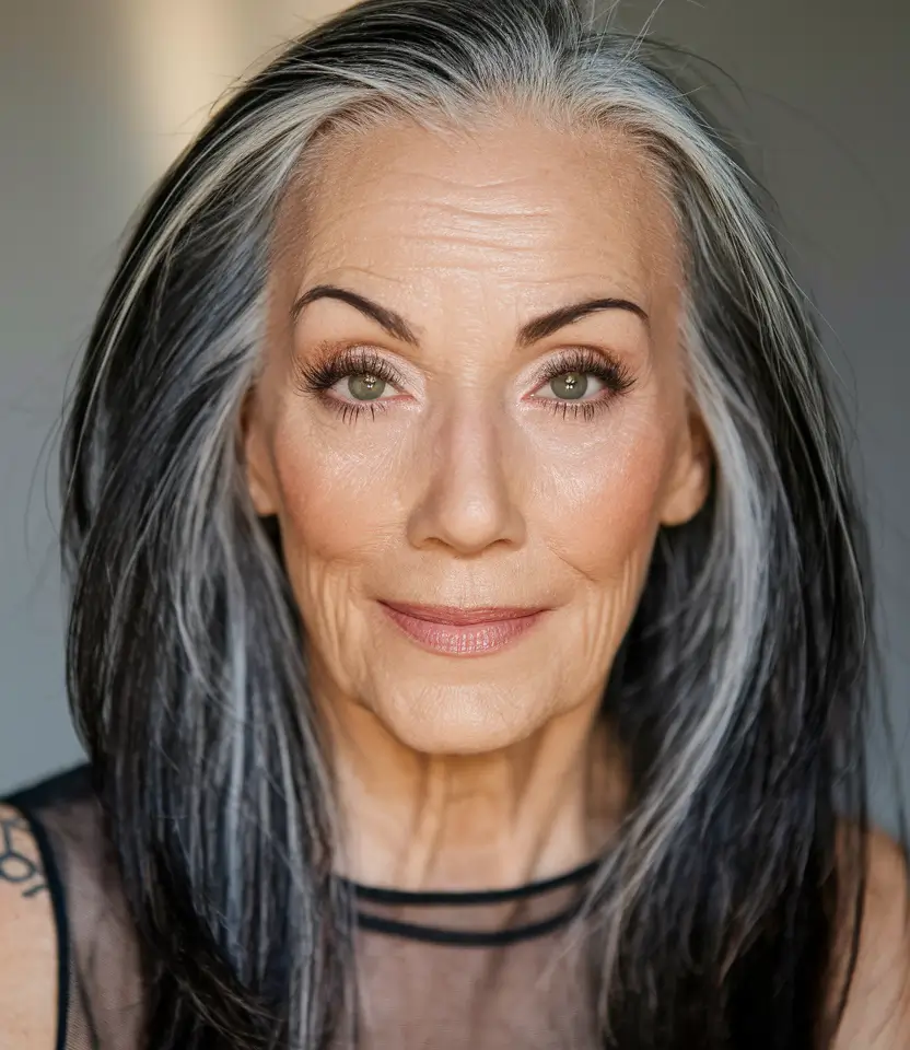 Fall 2025 Haircut That Flatter Women 50+ Long and Sleek with Natural White Highlights
