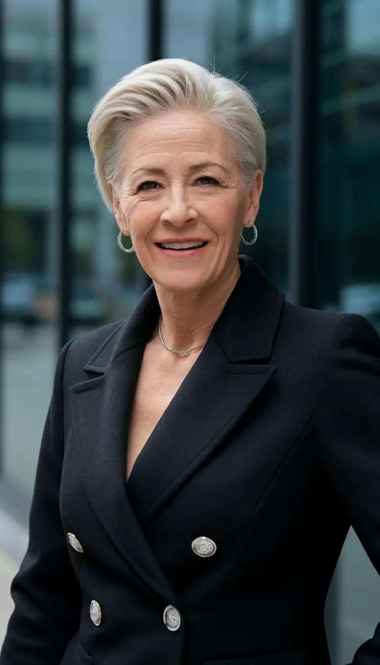 Fall 2025 Haircut That Flatter Women 50+ Swept Back Silver Pixie